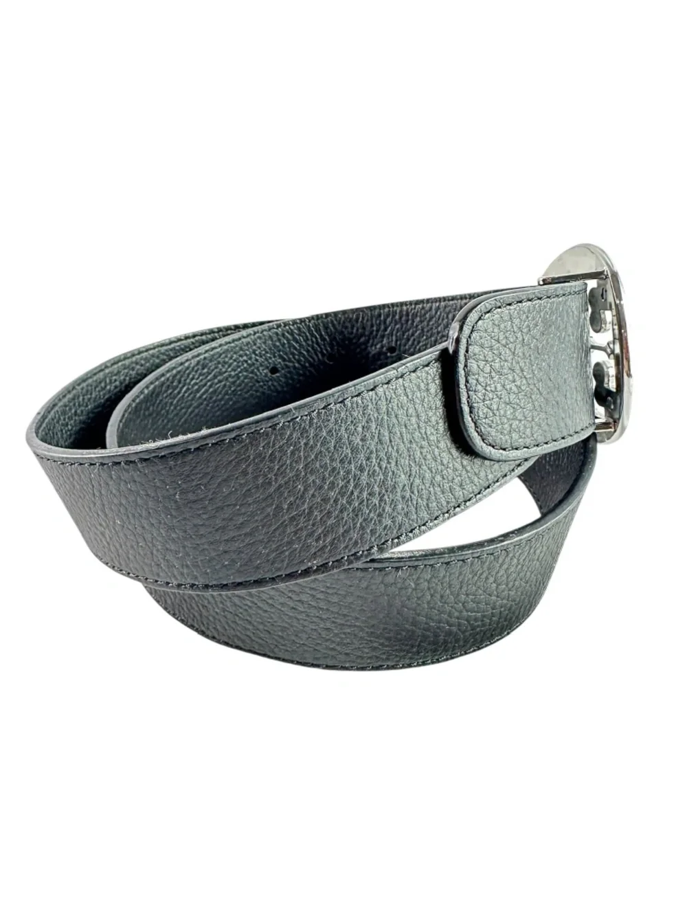 Genuine TORY BURCH Black Pebbled Leather Silver Logo Buckle Unisex Belt 32